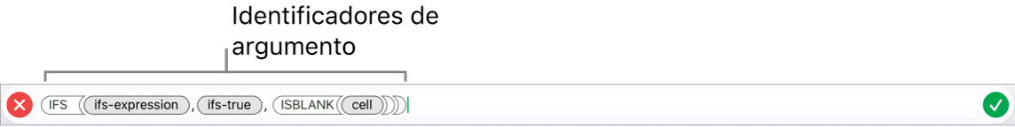 El editor de fórmulas con una función e identificadores de argumentos.