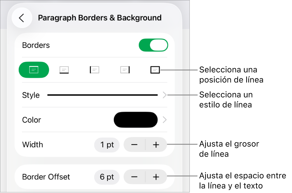 Controles para cambiar el estilo de línea, grosor, posición y color.