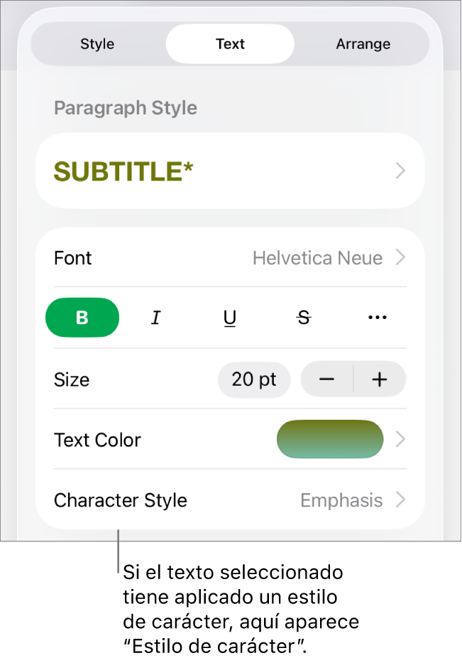 Los controles de formato de texto con “Estilos de carácter” debajo de los controles de color. El estilo de carácter Ninguno aparece con un asterisco.