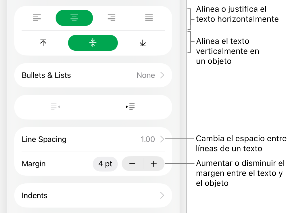 Sección Disposición del inspector de formato con llamadas a los botones de alineación de texto y espaciado.