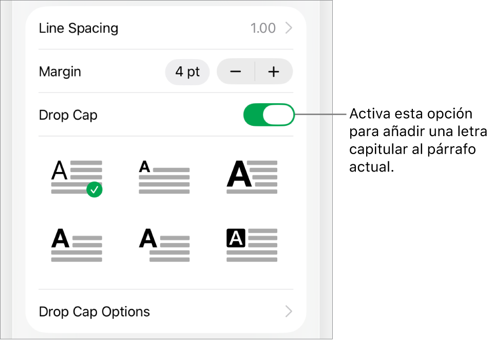 Los controles de “Letra capitular” situados en el menú Texto.