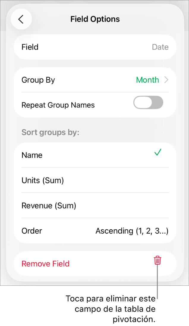 El menú Opciones de campo, que muestra los controles para agrupar y ordenar datos, así como la opción para eliminar un campo.