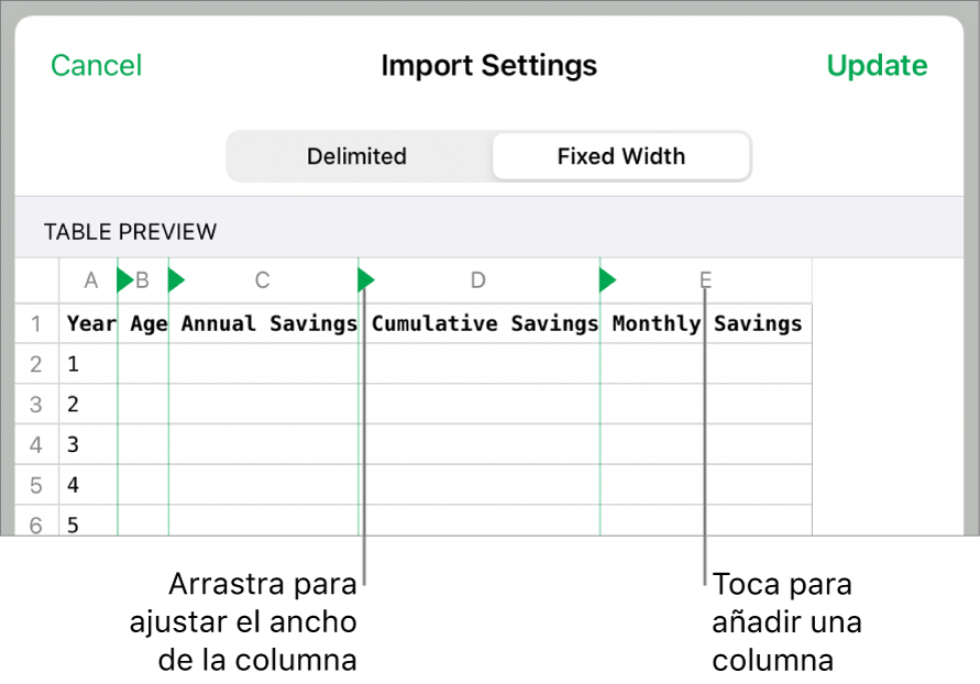 Los ajustes de importación de un archivo de texto de ancho fijo.