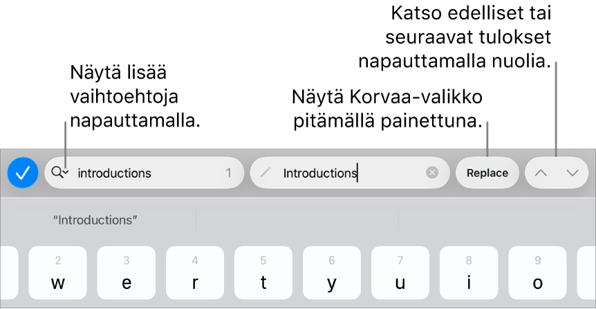 Etsi ja korvaa ‑säätimet näppäimistön yläpuolella ja selitteet Hakuvalinnat-, Korvaa-, Siirry ylös- ja Siirry alas ‑painikkeille.