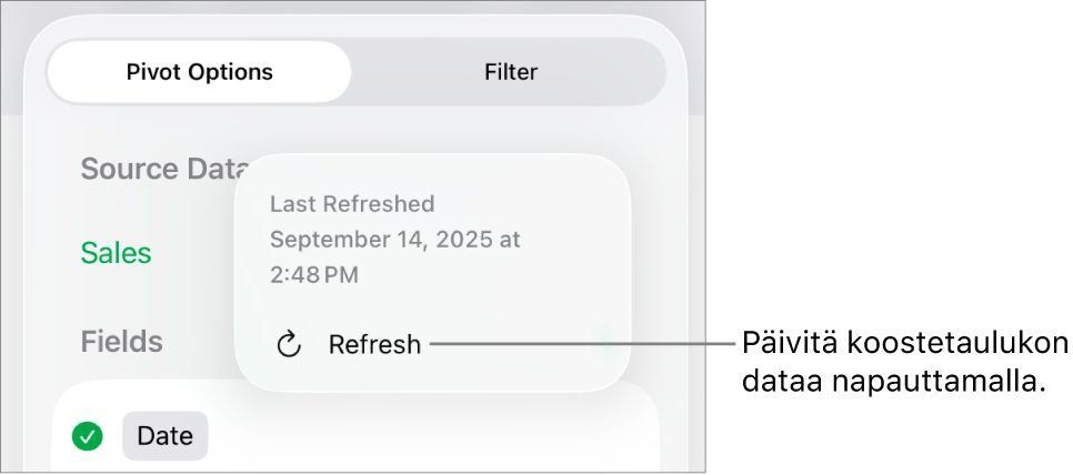 Koostevalinnat-valikossa näkyy valinta, jolla koostetaulukko päivitetään.