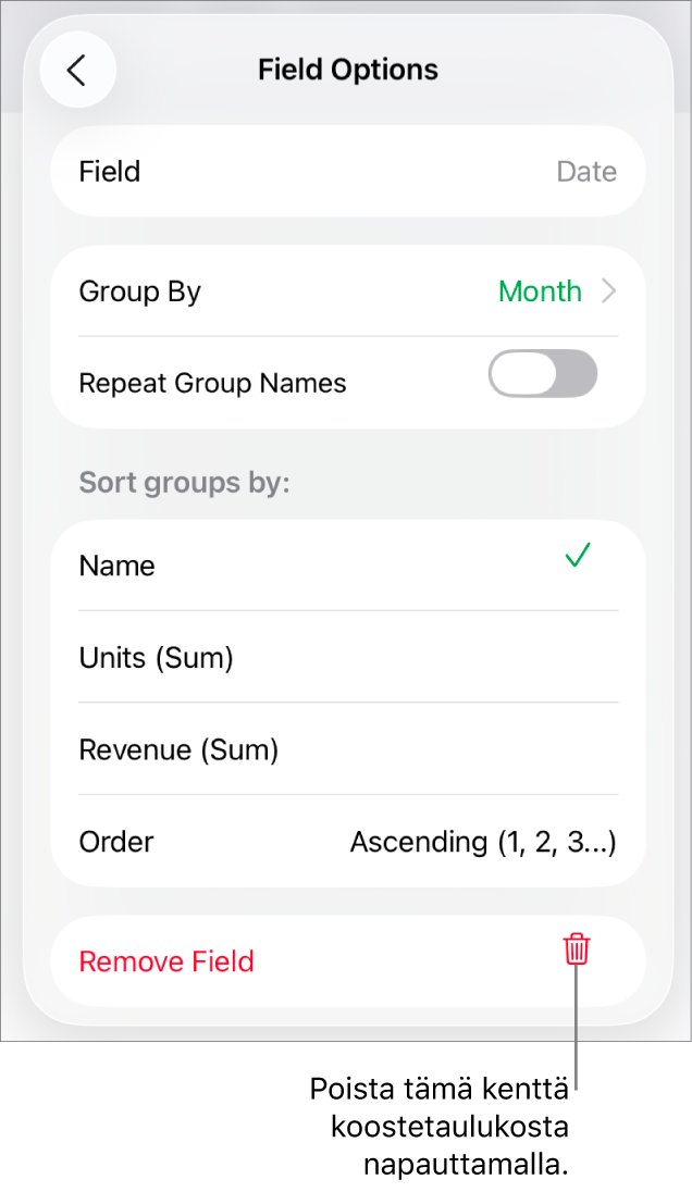 Kenttävalinnat-valikko, jossa näkyvät säätimet datan ryhmittelylle ja järjestämiselle sekä kentän poistamisen valinta.