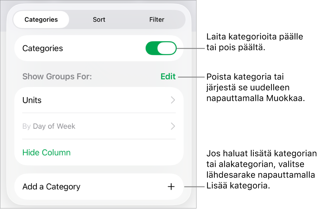 iPadin kategoriavalikko, joka sisältää valinnat kategorioiden laittamiseksi pois päältä ja poistamiseksi, datan ryhmittämiseksi uudelleen, lähdesarakkeen kätkemiseksi ja kategorioiden lisäämiseksi.