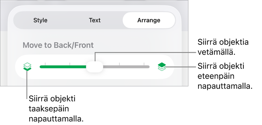 Siirrä taakse -painike, Siirrä eteen -painike ja kerrosliukusäädin.