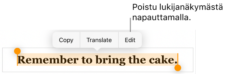 Lause on valittuna ja sen yläpuolella on kontekstikohtainen valikko, jossa on Kopioi- ja Muokkaa-painikkeet.