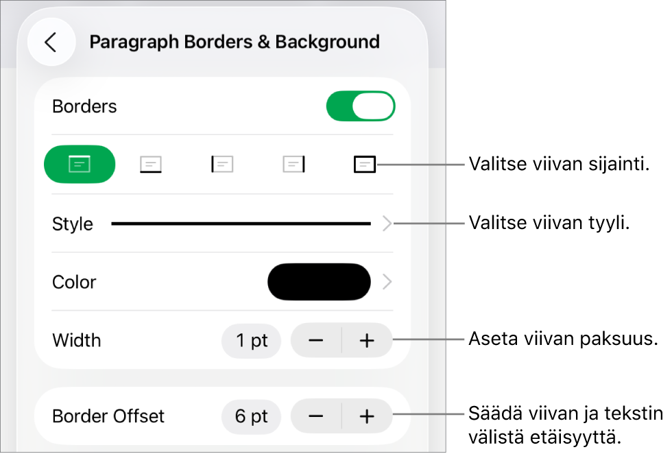 Säätimiä viivan tyylin, paksuuden, sijainnin ja värin muuttamiseen.