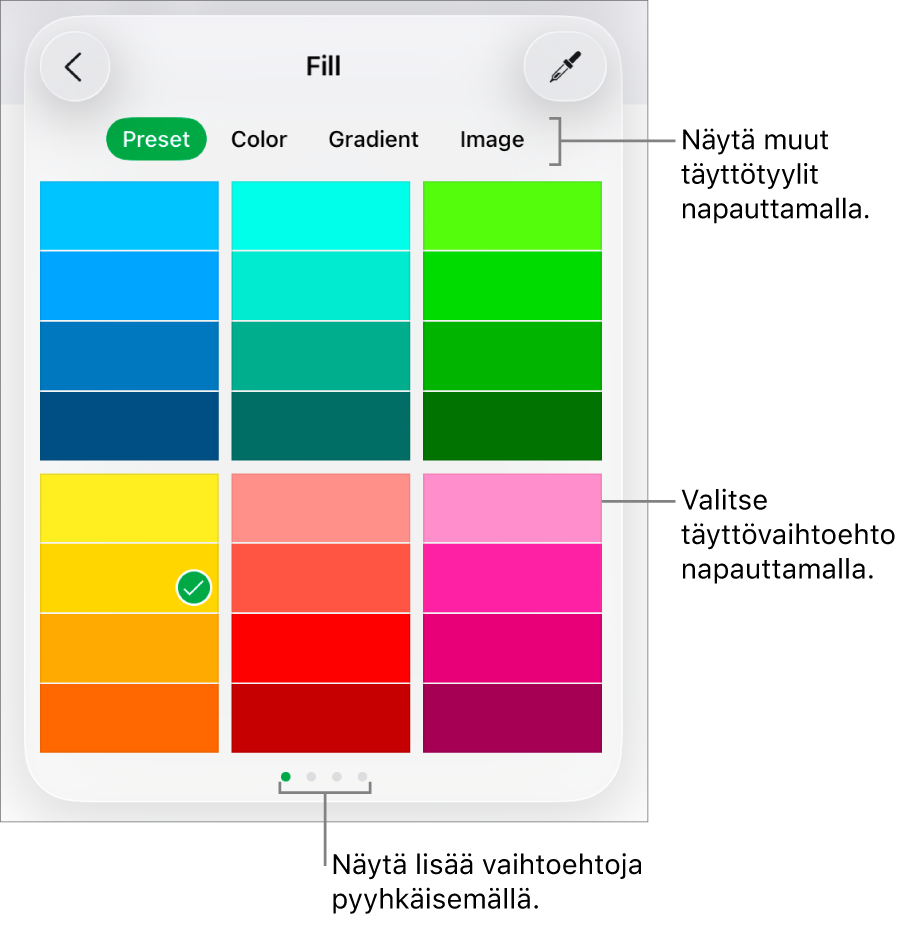 Muoto-painikkeen Tyyli-välilehden täyttövalintoja.