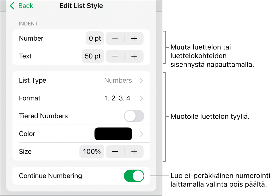 Muokkaa luettelotyyliä -valikko, jossa on säätimet sisennysten välistystä, luettelotyyppiä ja -muotoa, tasoittaista numerointia, luettelon väriä ja kokoa sekä jatkuvaa numerointia varten.