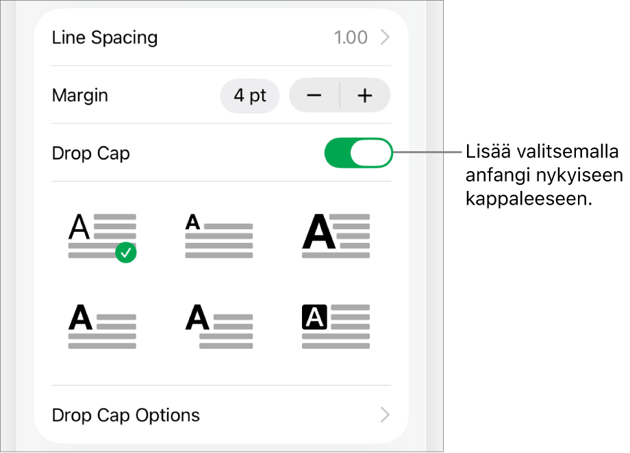 Anfangi-säätimet Teksti-valikossa.