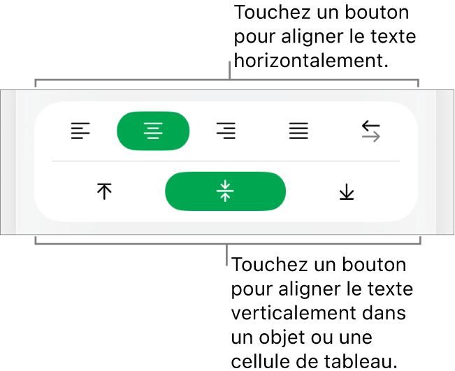 Boutons d’alignement horizontal et vertical pour le texte.