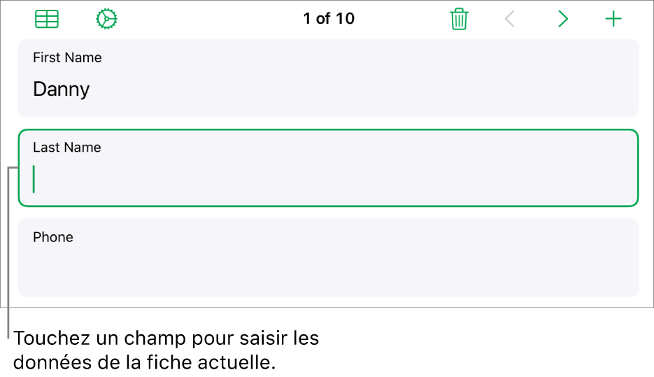 Une fiche dans un formulaire affichant un champ actif avec un point d’insertion.