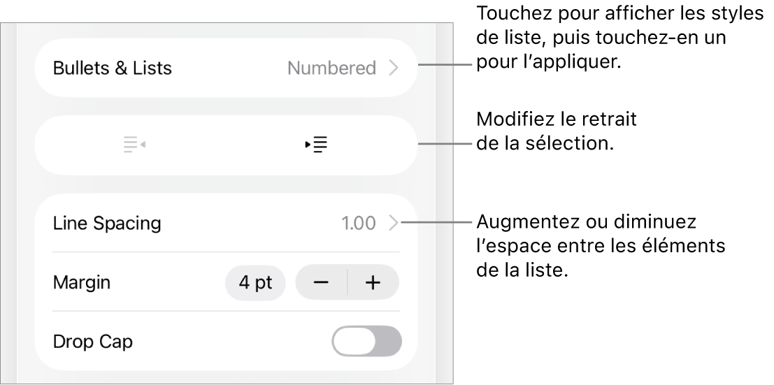 La section Puces et listes des commandes Format avec des légendes indiquant le menu Puces et listes, les boutons de retrait ou de suppression du retrait, et les commandes d’interligne.