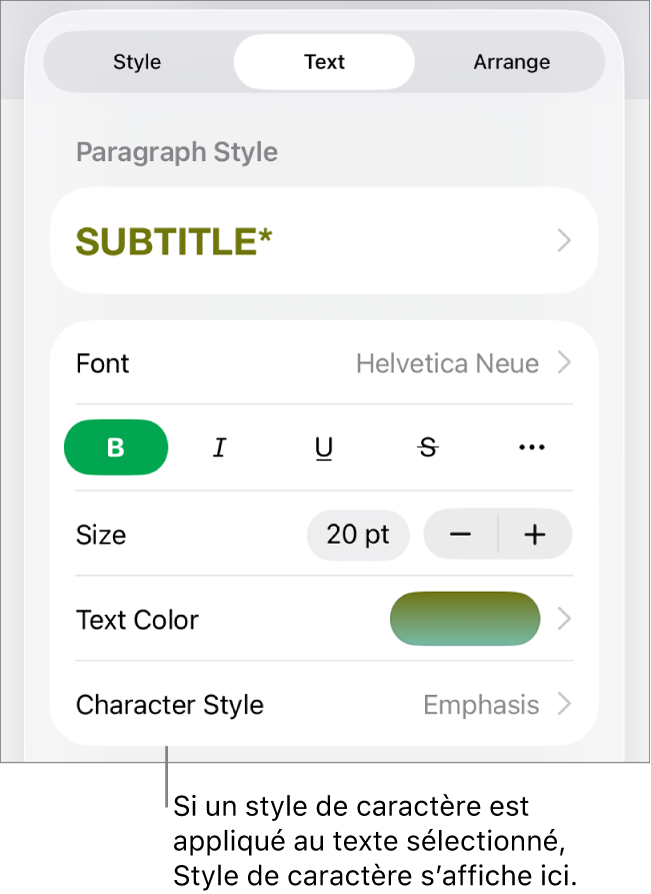 Commandes de mise en forme du texte avec Style de caractère sous les commandes de couleur. Style de caractère Aucun affiché avec un astérisque.