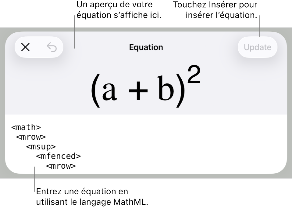 Zone de dialogue Équation, affichant une équation composée à l’aide des commandes MathML et aperçu de la formule au-dessus.
