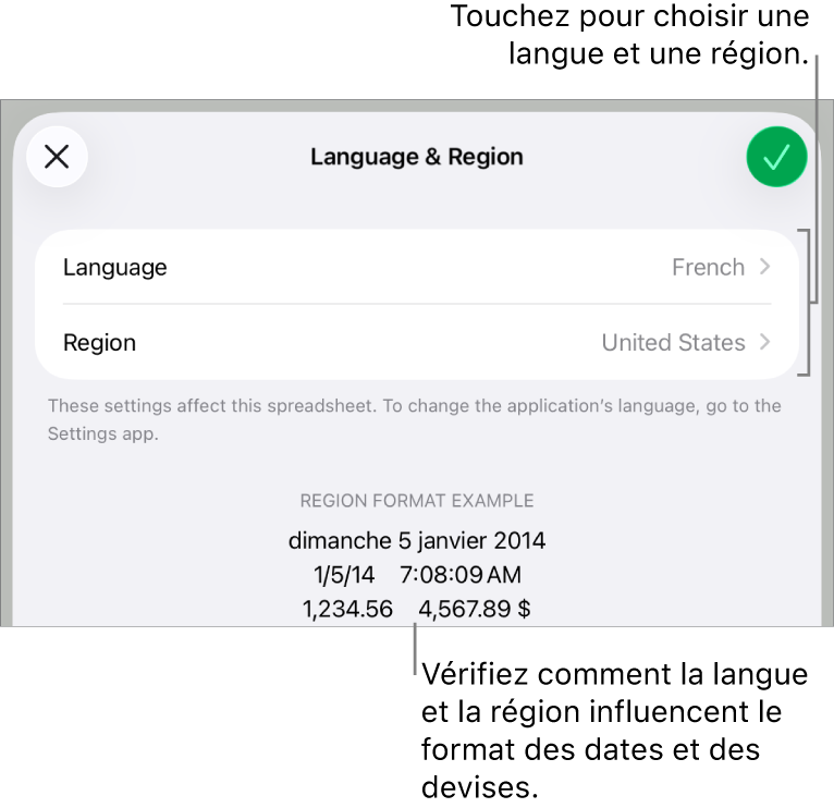 Sous-fenêtre Langue et région avec les commandes pour la langue et la région, et un exemple du format qui comprend la date, l’heure, les décimales et la devise.