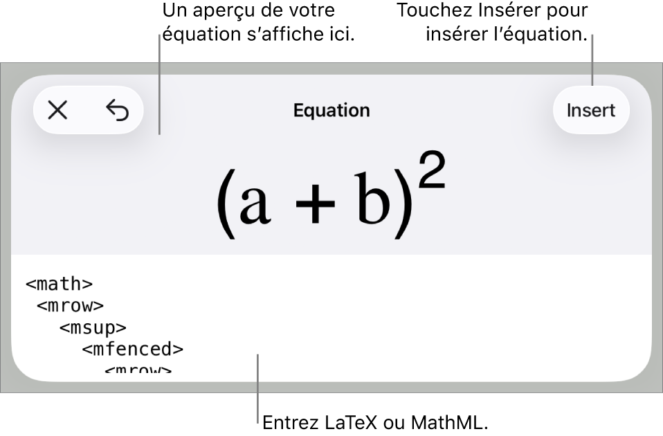Zone de dialogue Équation, affichant une équation composée à l’aide des commandes MathML et aperçu de la formule au-dessus.