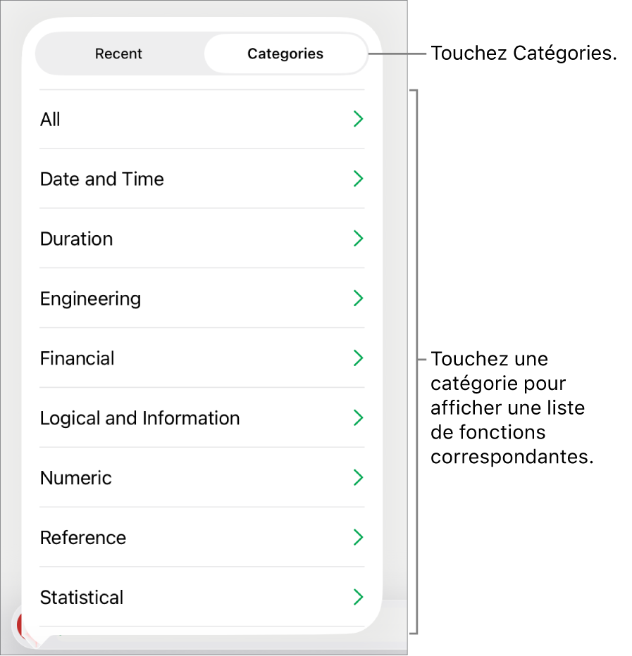 Navigateur des fonctions avec le bouton Catégories sélectionné et la liste des catégories en dessous.