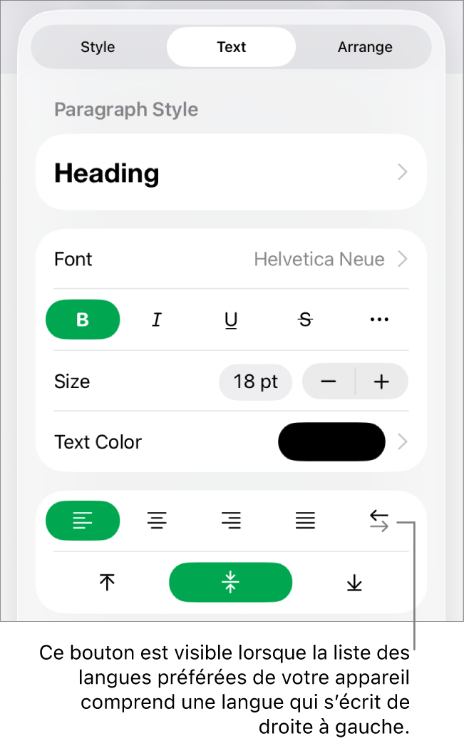La section Texte du menu Format avec une légende pour le bouton De droite à gauche.