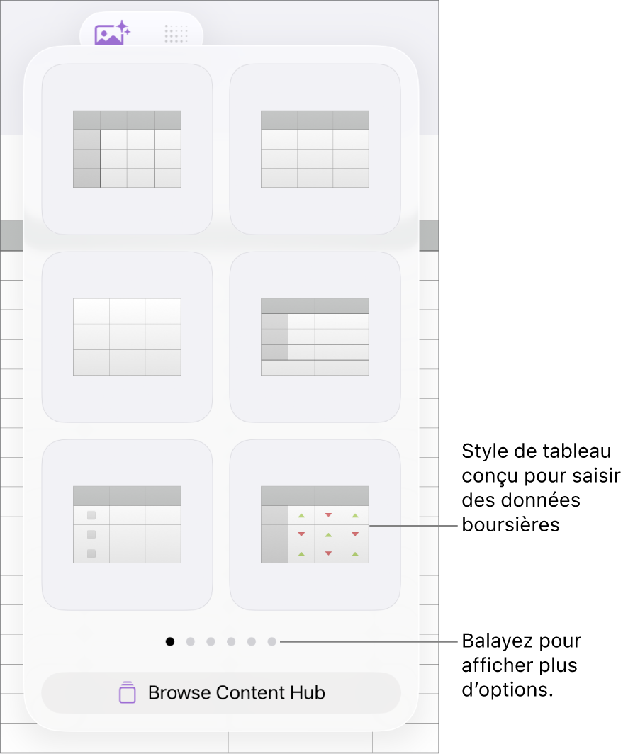 Bouton Tableau sélectionné, avec les styles de tableaux affichés en dessous.