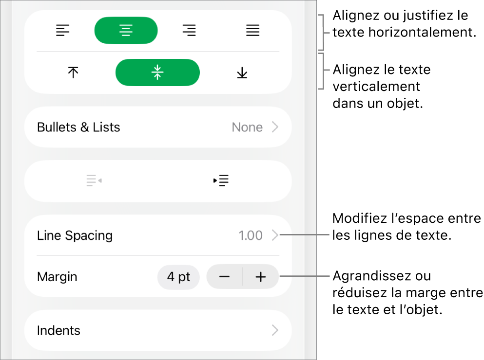 Section de mise en page de l’inspecteur de format avec les légendes des boutons d’alignement et d’espacement de texte.