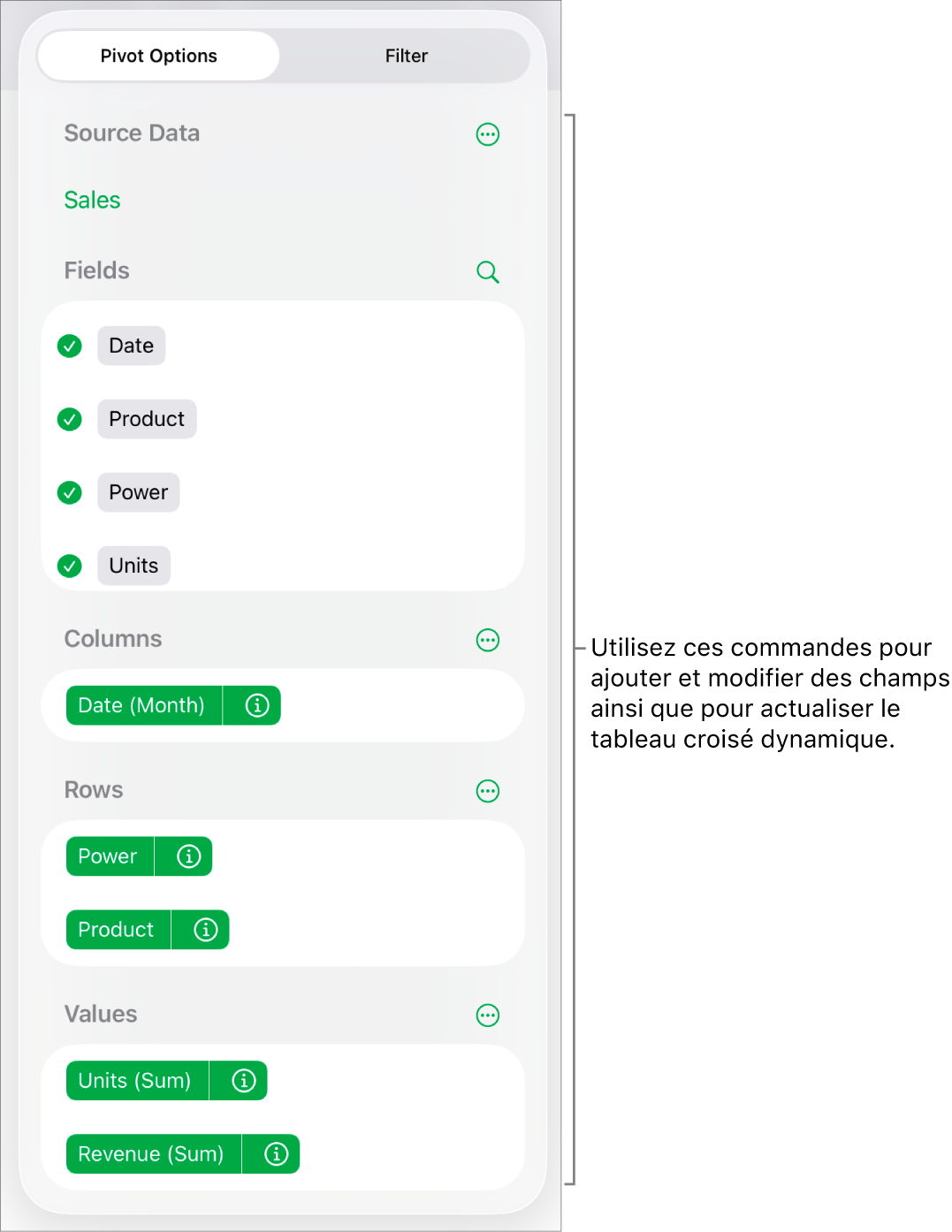 Menu Options de croisement dynamique avec des champs dans les sections Colonnes, Rangées et Valeurs, ainsi que des commandes pour modifier les champs.