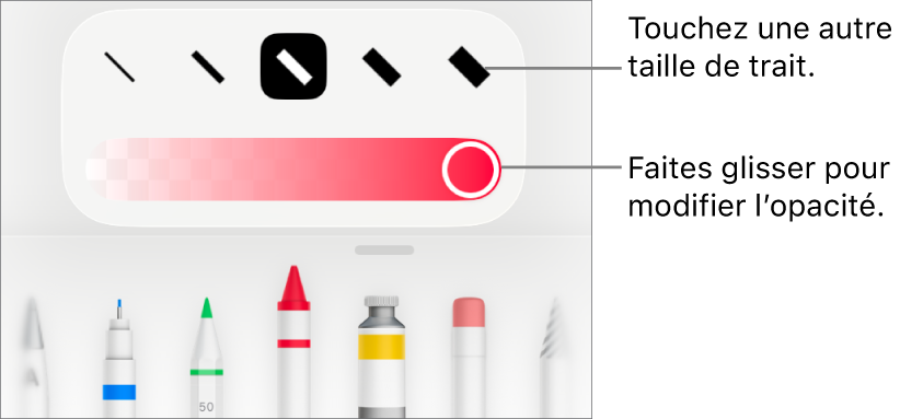 Commandes de sélection de taille de trait et curseur d’ajustement de l’opacité.
