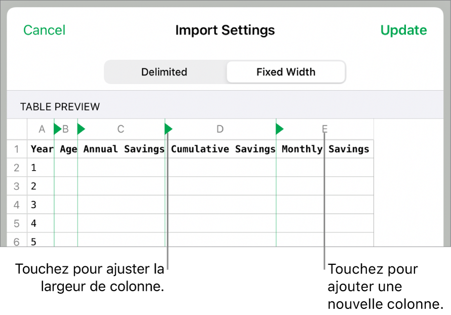 Réglages d’importation d’un fichier texte à largeur fixe.