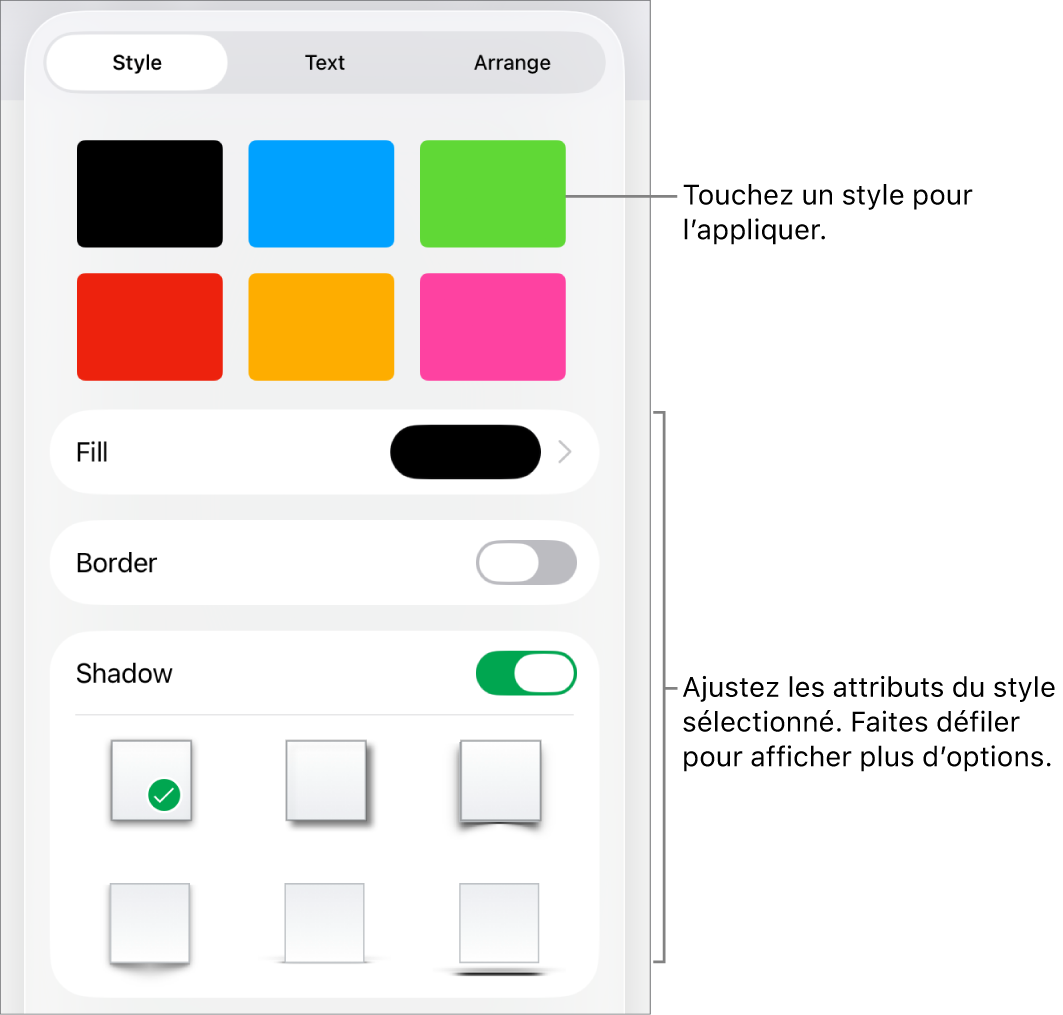 L’onglet Style du menu Format avec des styles de forme en haut et, en dessous, des commandes de modification de remplissage, de bordure et d’ombre.