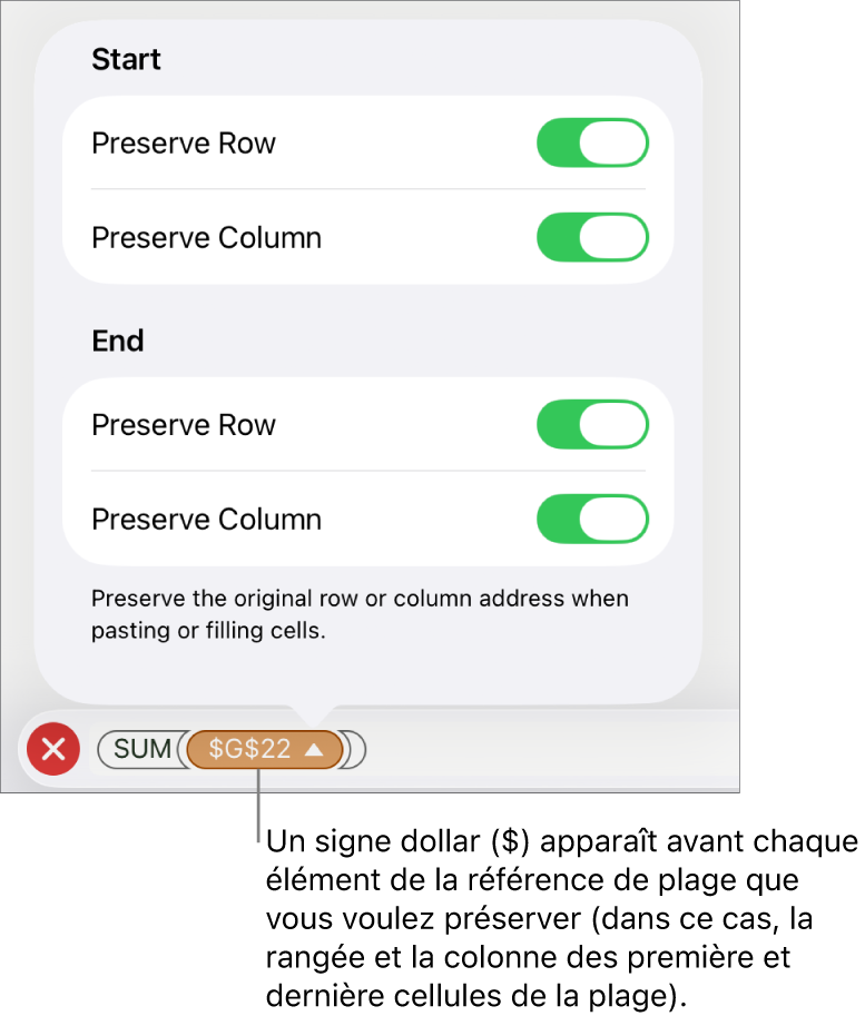 Commandes permettant d’indiquer les références de rangée et de colonne d’une cellule devant être conservées si la cellule est déplacée ou copiée. Un symbole de dollar s’affiche avant chaque partie de la référence d’intervalle que vous voulez conserver.