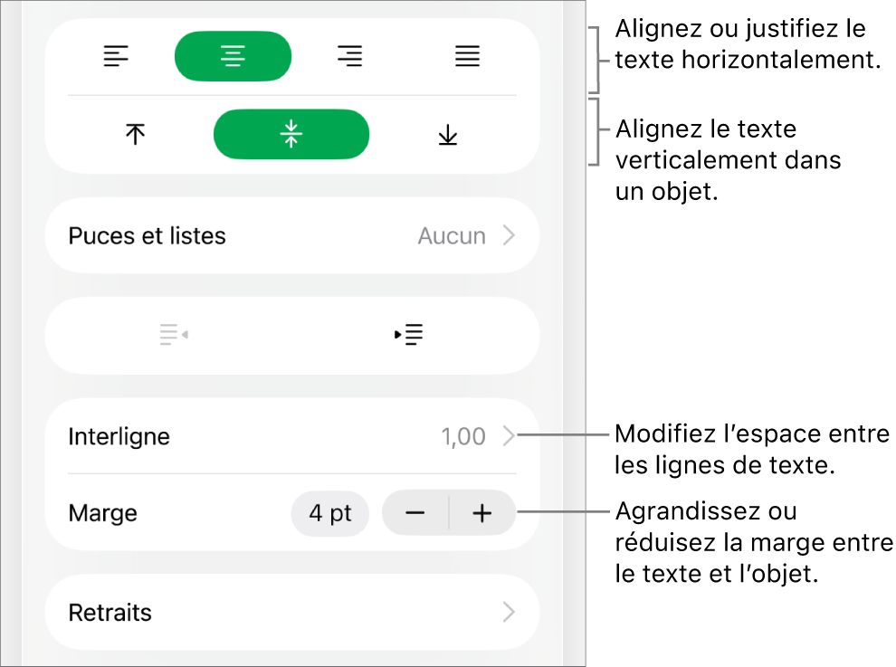 Section Disposition de l’inspecteur Format avec les légendes des boutons d’alignement et d’espacement de texte.