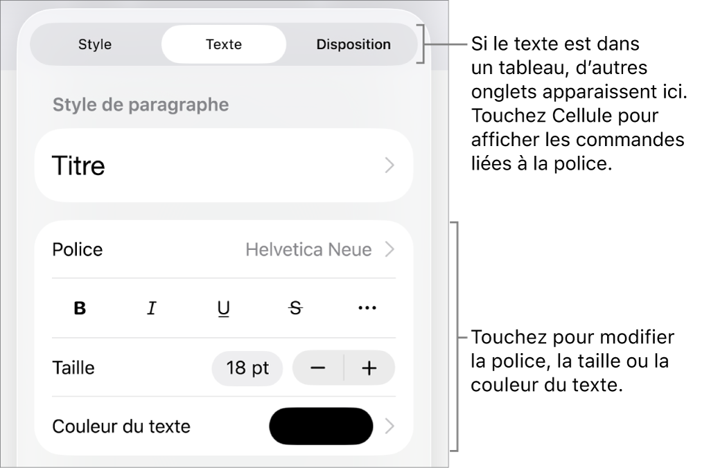Commandes de texte du menu Format permettant de définir les styles, la police, la taille et la couleur des paragraphes et des caractères.
