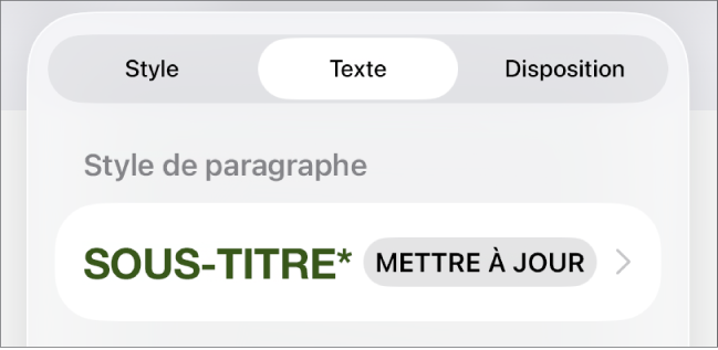 Style de paragraphe avec un astérisque à côté de celui-ci et un bouton Mettre à jour situé à droite.
