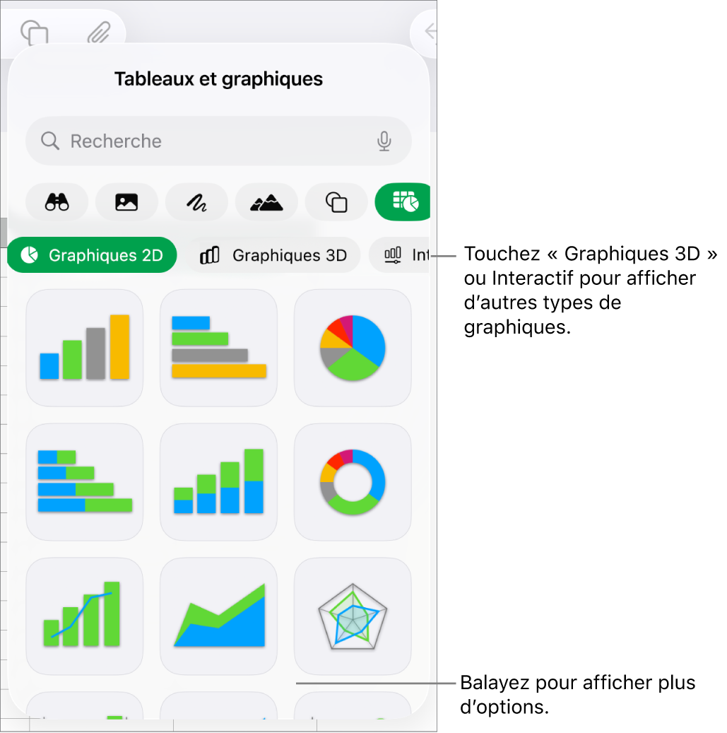 Menu Graphique affichant des graphiques 2D.