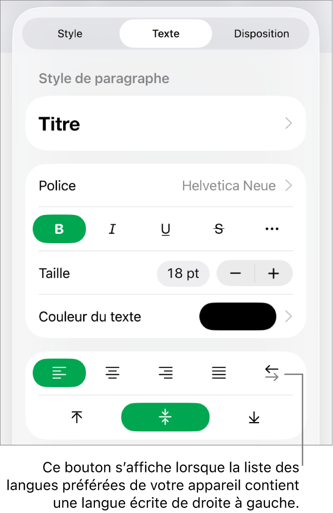 La section Style du menu Format avec une légende pour le bouton « De droite à gauche ».
