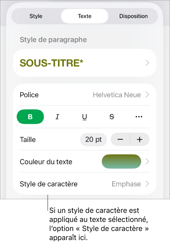 Commandes de mise en forme de texte avec Style de caractère au-dessous des commandes de couleur. Le style de caractère Aucun s’affiche avec un astérisque.