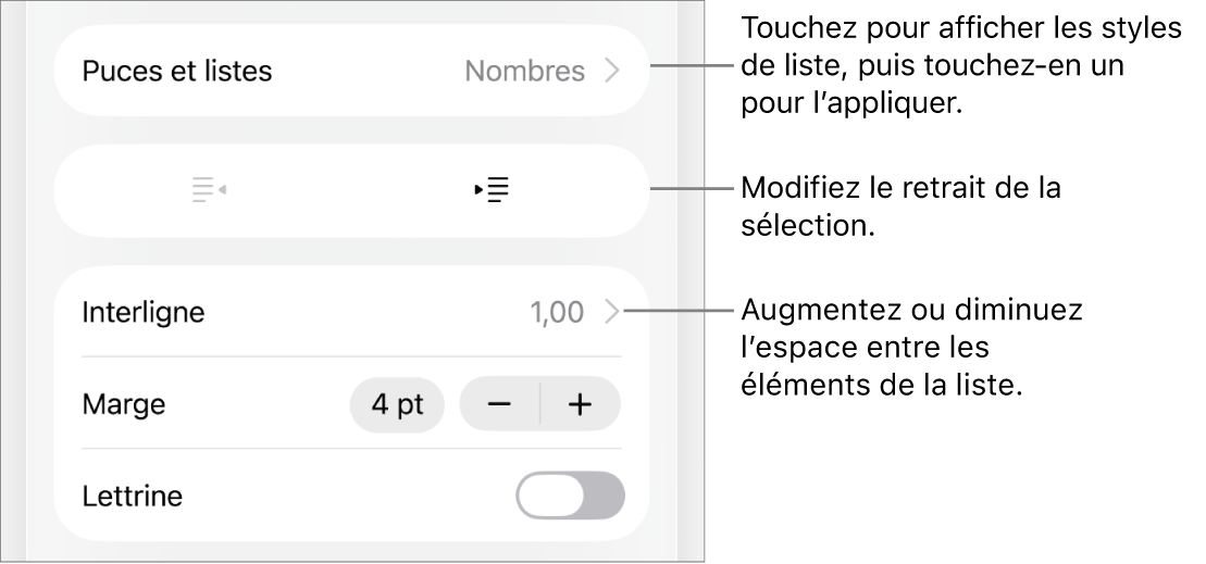 La section « Puces et listes » des commandes Format avec des légendes pour « Puces et listes », les boutons d’indentation et de suppression d’indentation et les commandes d’espacement entre les lignes.