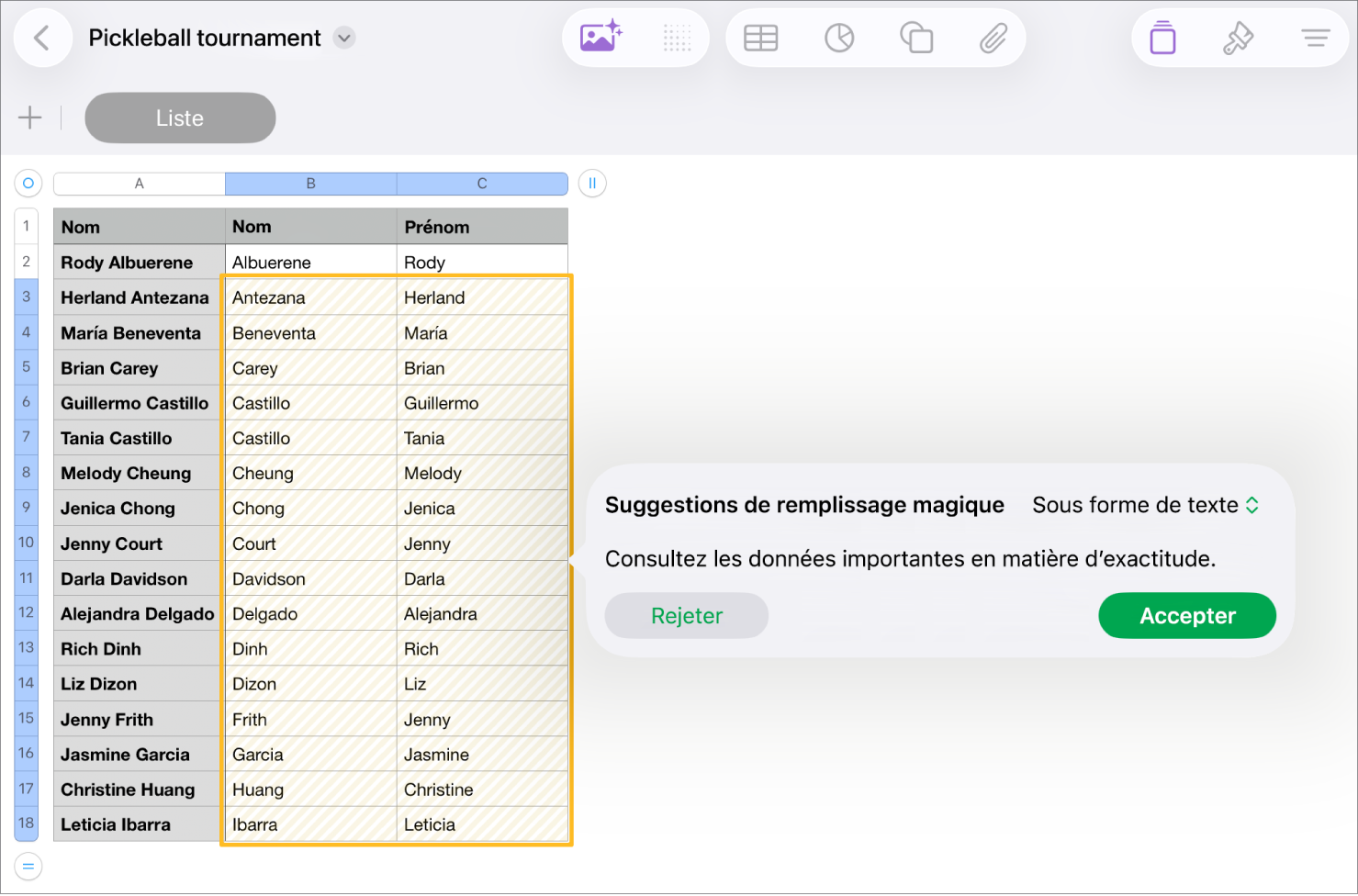 Une feuille de calcul avec des noms en surbrillance et un menu local « Suggestions de remplissage magique » permettant de les accepter ou de les rejeter.