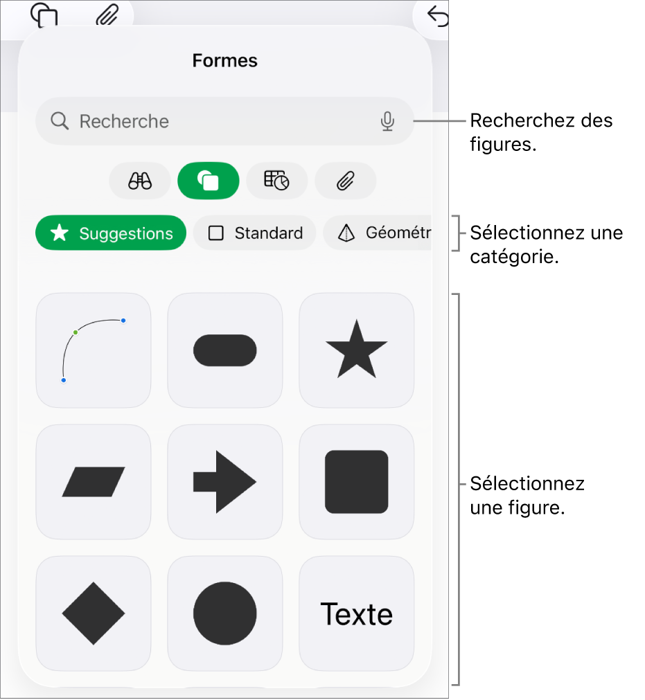Bibliothèque de figures, les catégories étant affichées en haut et les figures, en bas. Utilisez le champ de recherche situé en haut pour rechercher des figures. Balayez également l’écran pour en trouver d’autres.