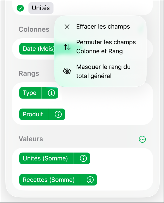 Le menu « Options du champ » affichant les commandes permettant de masquer les totaux généraux, de permuter les champs Colonne et Rang, et d’effacer des champs.