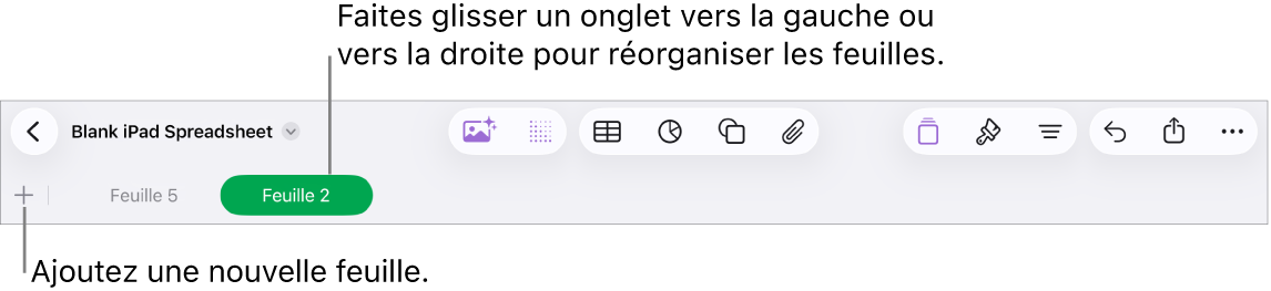 Barre des onglets pour ajouter une feuille, naviguer et réorganiser les feuilles.