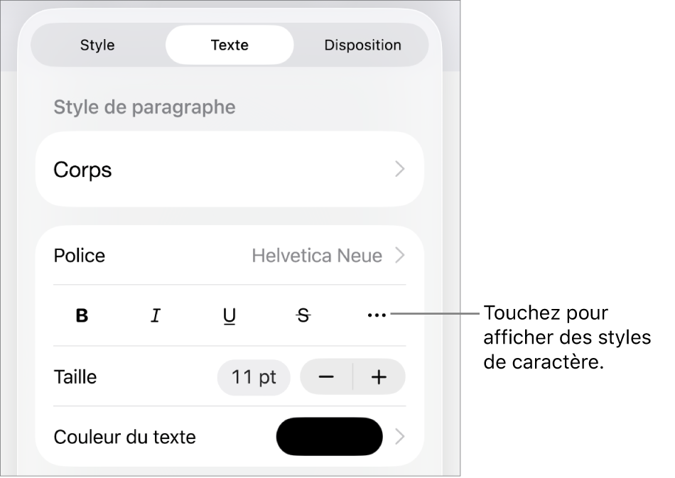 Les commandes de mise en forme avec les styles de paragraphe en haut, suivis des commandes de police. En dessous de Police se trouvent les boutons Gras, Italique, Souligné, Barré et « Plus d’options de texte ».