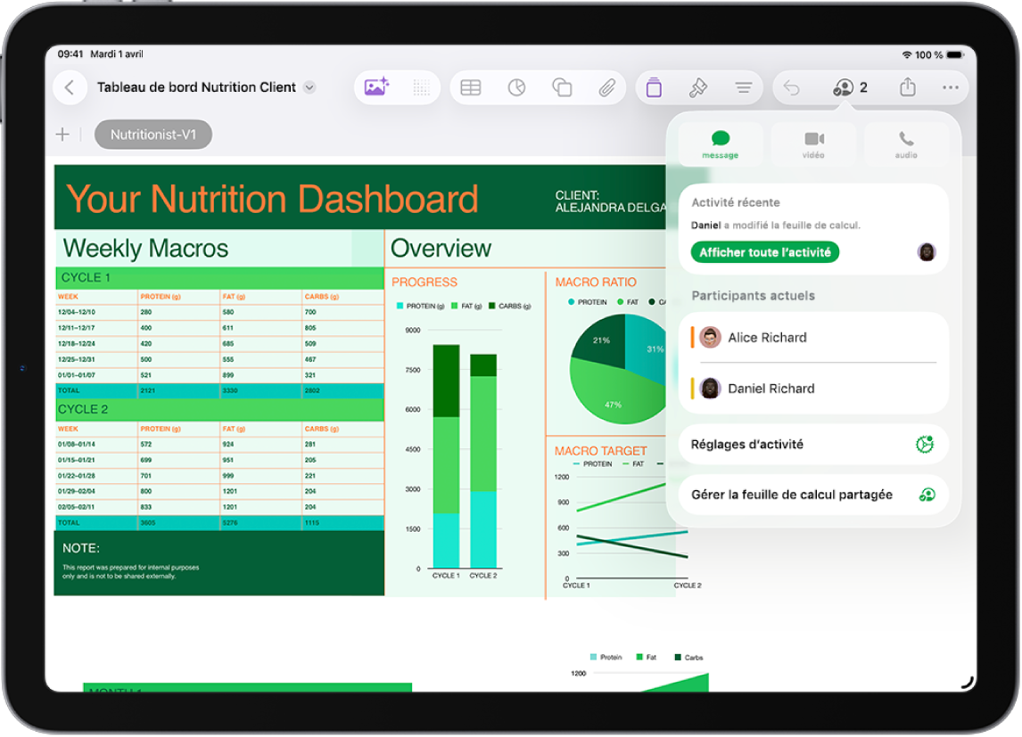 Le menu de collaboration affichant le nom des personnes qui collaborent sur la feuille de calcul.
