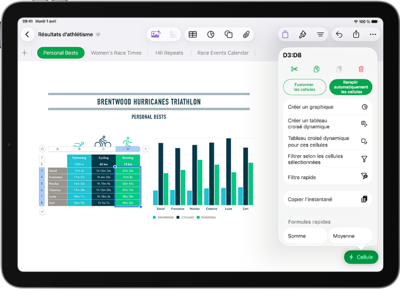 Feuille de calcul montrant un tableau des sentiers parcourus et la distance de chaque sentier. Le menu des actions de la cellule est ouvert, montrant les options pour ajouter des formules, des dates, des commentaires et des filtres.