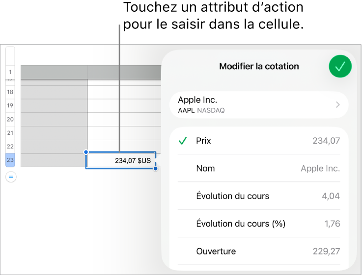 Fenêtre surgissante Cotation, le nom de l’action apparaissant en haut et les attributs d’action sélectionnables, notamment le cours, le nom du cours, son évolution, cette évolution en pourcentage, le cours à l’ouverture et le cours le plus haut apparaissant en bas.