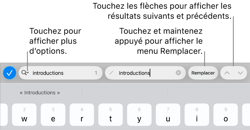 Les commandes de Rechercher et remplacer au-dessus du clavier avec des légendes pour les boutons Options de recherche, Remplacer, Monter et Descendre.