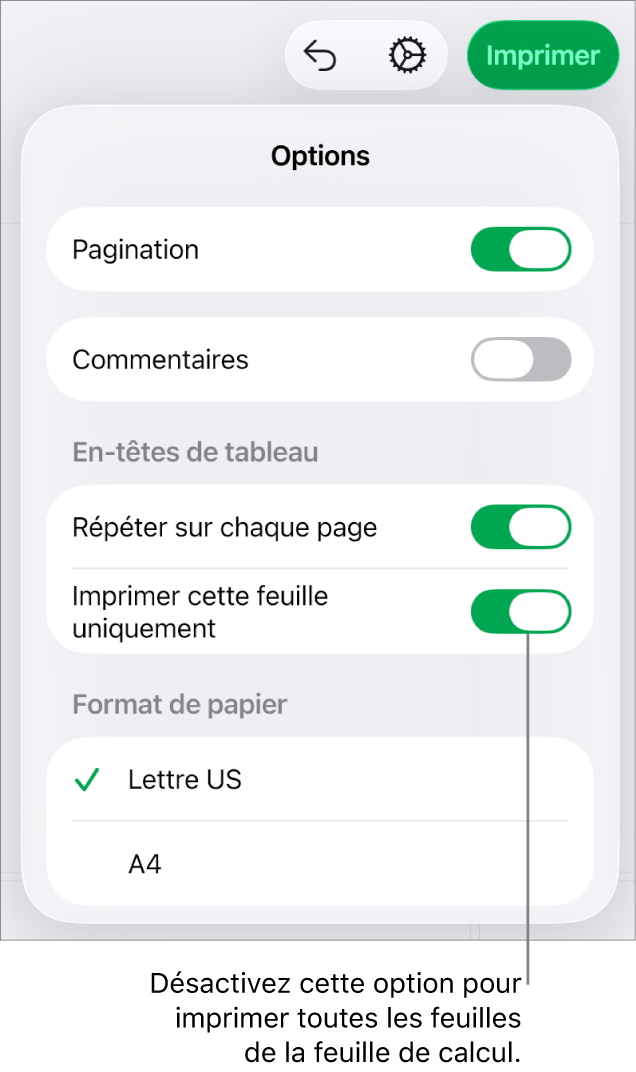 Sous-fenêtre d’aperçu avant impression, avec des commandes permettant d’afficher les numéros de page, de répéter les en-têtes sur chaque page, de modifier le format du papier et de choisir d’imprimer toute la feuille de calcul ou uniquement la feuille actuelle.